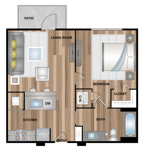 Floor plan for 1 bed, 1 bath, 608 sqft